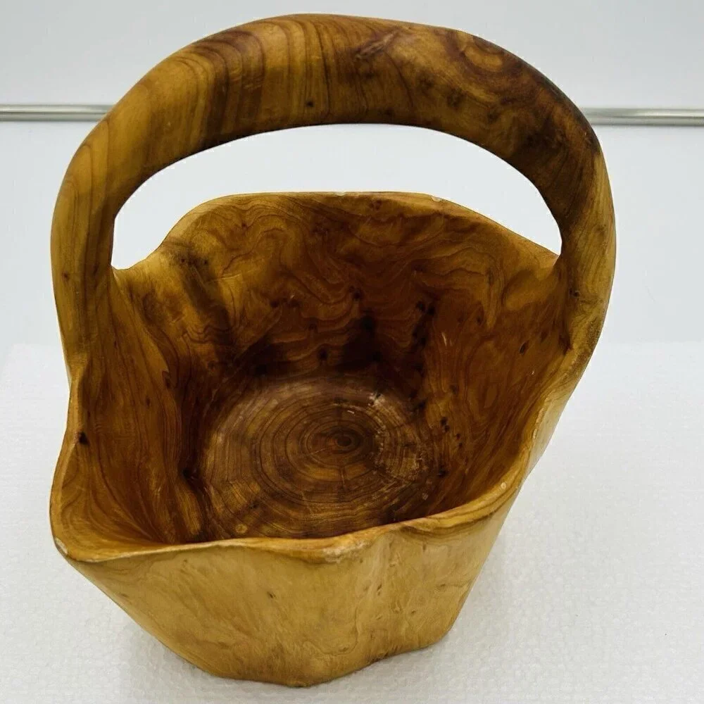 Hand Carved Burlwood Handled Basket Rustic Folk Art 8.5